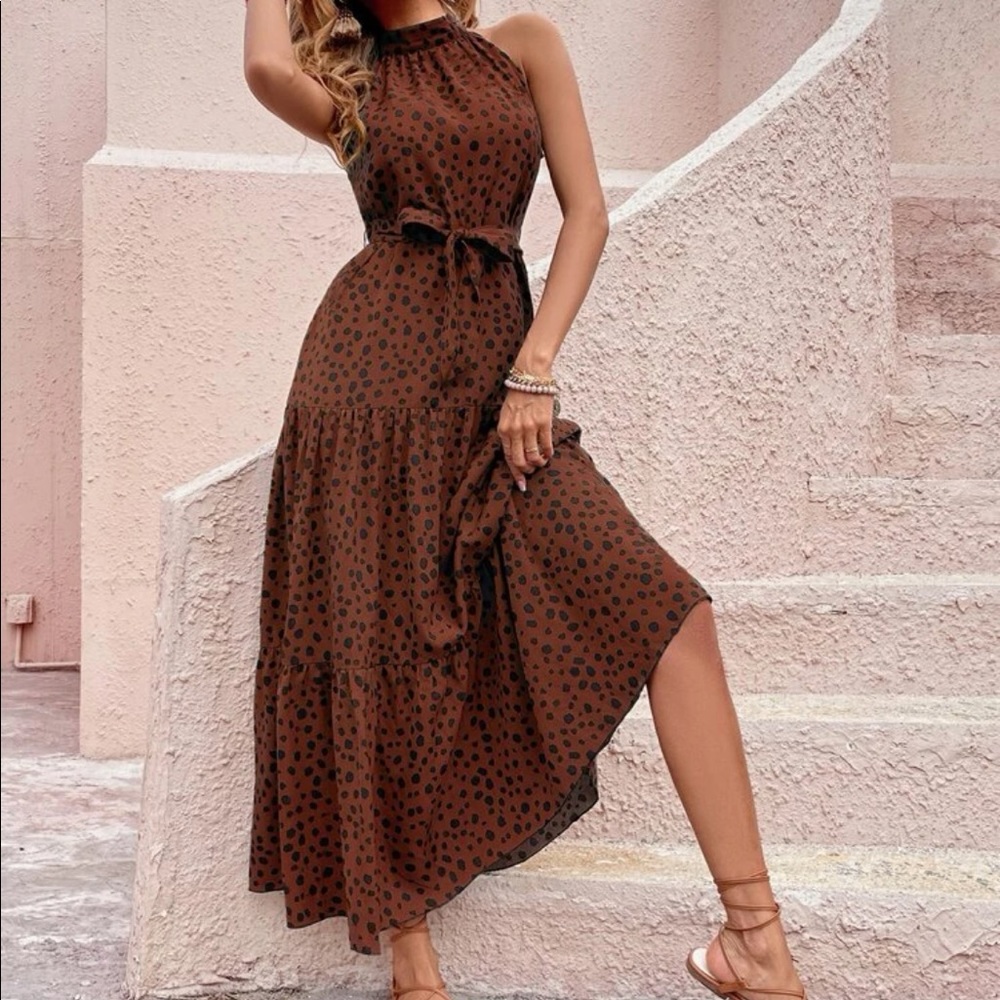 Boho Polka Dots Print Flounce Halter Belted Maxi Dress - Picture 2 of 13